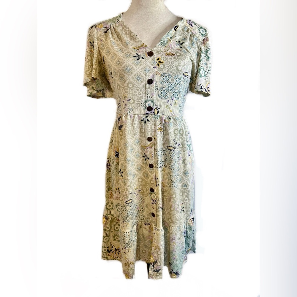 Monteau Button Down Cream Midi Dress Mixed Print Size Large NWOT